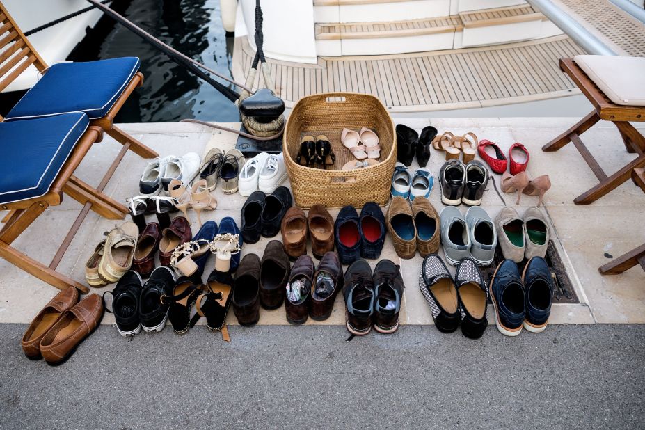 Another annual Monaco event where yachts gather is Formula One grand prix, held every May in the principality. This photo displays shoes left by Grand Prix revelers as they entered a yacht docked at the harbor next to the Monaco street circuit in May. 
