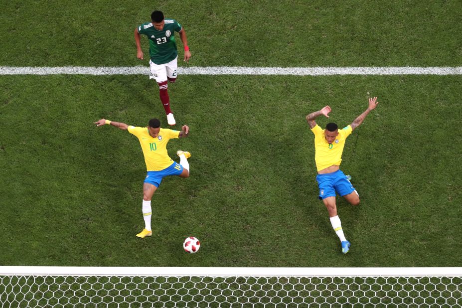 Neymar stretches for a cross to score Brazil's first goal in the 51st minute.