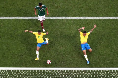 Neymar stretches for a cross to score Brazil's first goal in the 51st minute.
