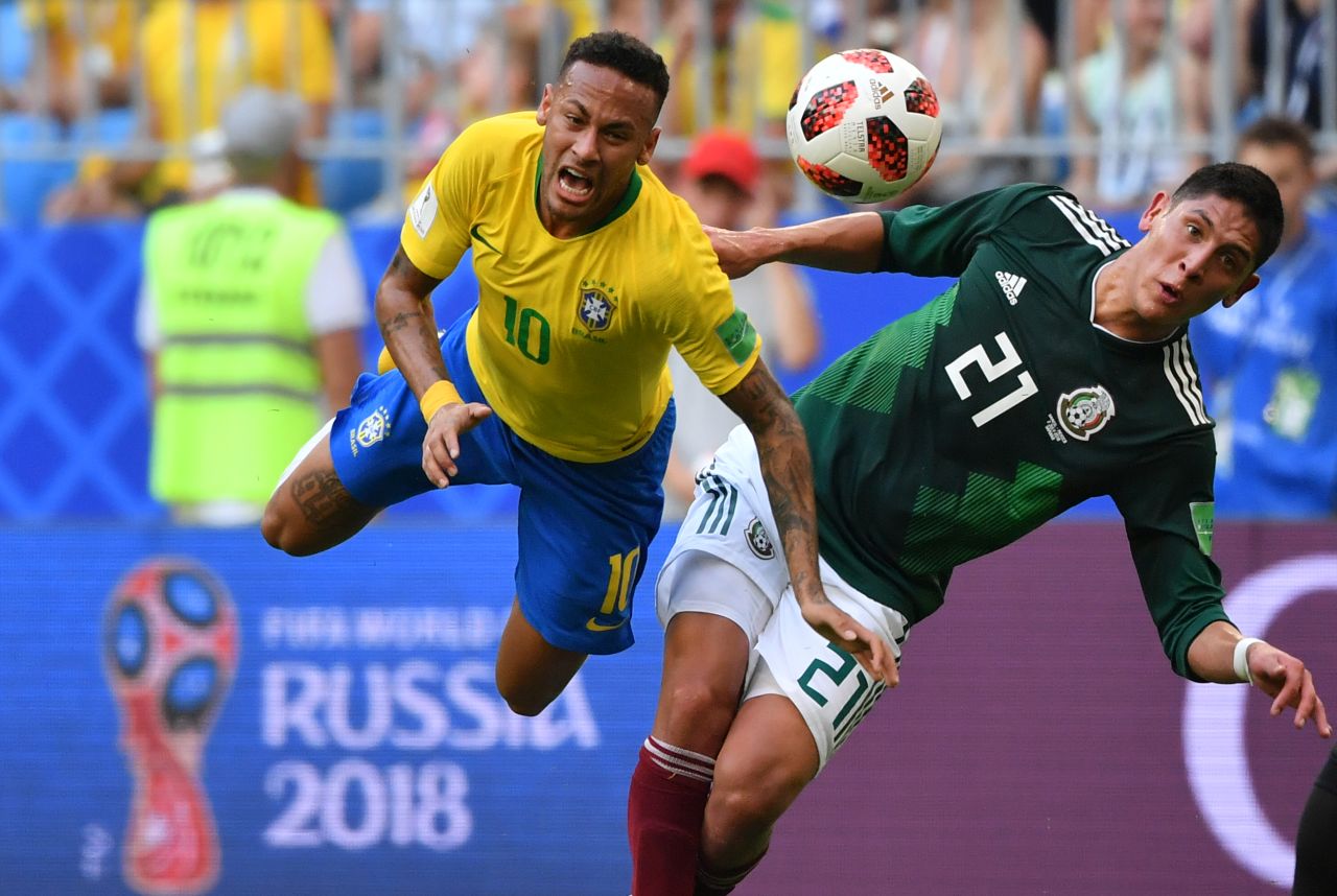 Brazilian star Neymar is fouled by Mexican defender Edson Alvarez during their round-of-16 match on July 2. Brazil won 2-0.