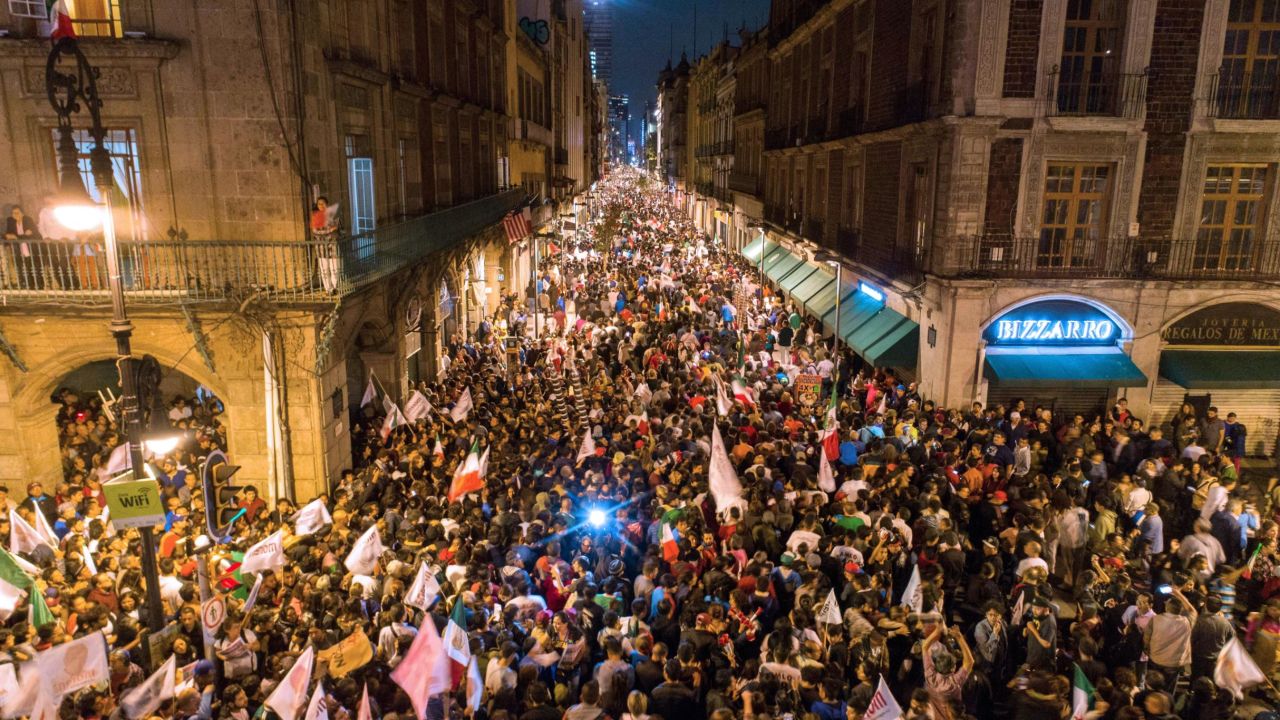 Supporters of Andres Manuel Lopez Obrador, celebrate at the Zocalo square in Mexico City.