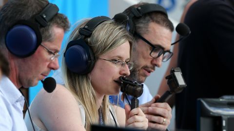 Vicki Sparks commentates for BBC during the group B match between Portugal and Morocco.