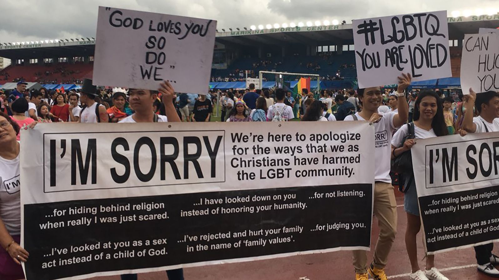Members of the Church of Freedom in Christ Ministries apologize for Christians at a gay pride parade in the Phillipines.