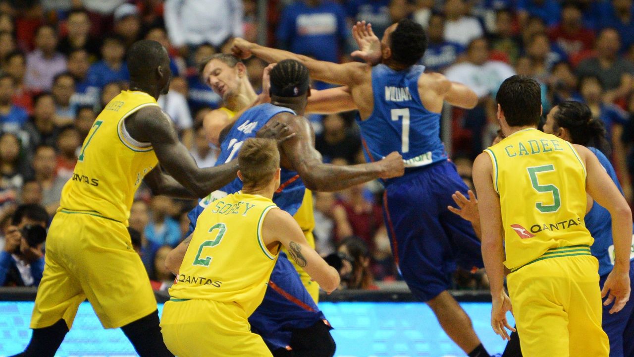 Philippine and Australian players engage in a brawl during their FIBA World Cup Asian qualifier game at the Philippine arena in Bocaue town, Bulacan province, north of Manila on July 2, 2018. - Australia won by default 89-53. (Photo by TED ALJIBE / AFP)        (Photo credit should read TED ALJIBE/AFP/Getty Images)