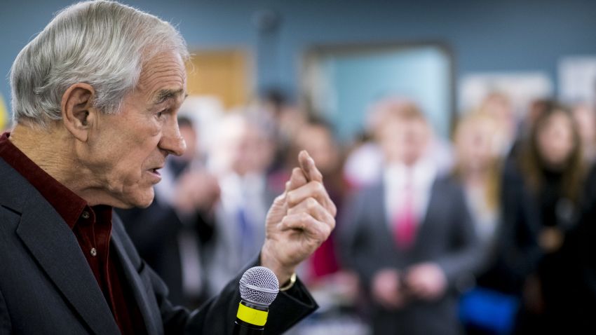 DES MOINES, IA - FEBRUARY 1: Former Congressman Ron Paul introduces his son, Senator Rand Paul (R-TX) during a caucus day rally at the Des Moines campaign headquarters on February 1, 2016 in Des Moines, Iowa. The Presidential hopeful was accompanied by his wife, Kelly, mother, Carol Wells and his father, former Congressman Ron Paul. Pauls were there to thank all the staff and volunteers for all their hard work in Iowa. (Photo by Pete Marovich/Getty Images)