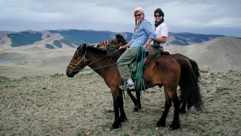 <strong>Mongolian steeds: </strong>On the Mongolian steppe just before David was thrown off his horse, uninjured.