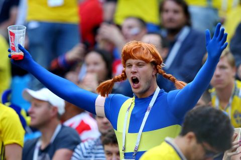 A Sweden fan shows his support during the Switzerland match.