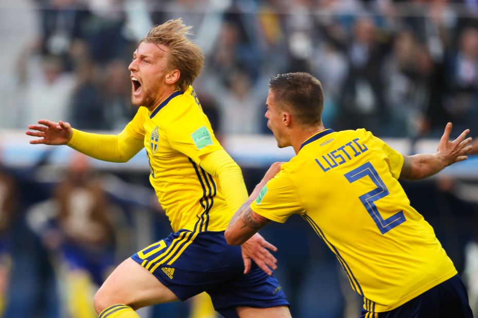 Sweden's Emil Forsberg, left, celebrates after scoring against Switzerland on July 3. Sweden won 1-0 to advance to the quarterfinals.