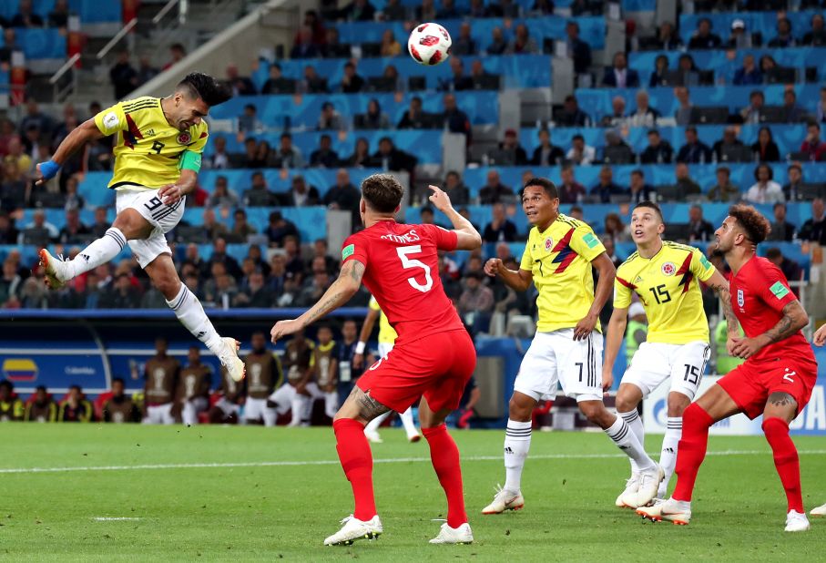 Colombian striker Radamel Falcao heads the ball toward goal on July 3.