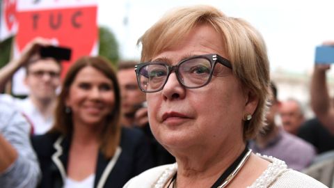 Polish Supreme Court Justice Malgorzata Gersdorf (C) attends a demonstration in support of Supreme Court judges in front of The Supreme Court in Warsaw on July 3, 2018. - Poland's chief justice refused to step down, defying a controversial new law by the right-wing government which requires her and other senior judges to retire early. Janek Skarzynski/AFP/Getty Images
