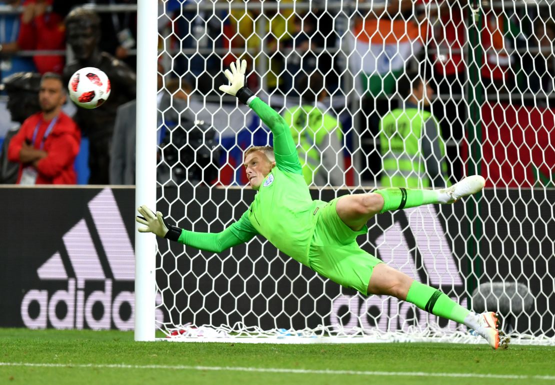 Jordan Pickford saves the fifth penalty from Carlos Bacca in the penalty shoot out.