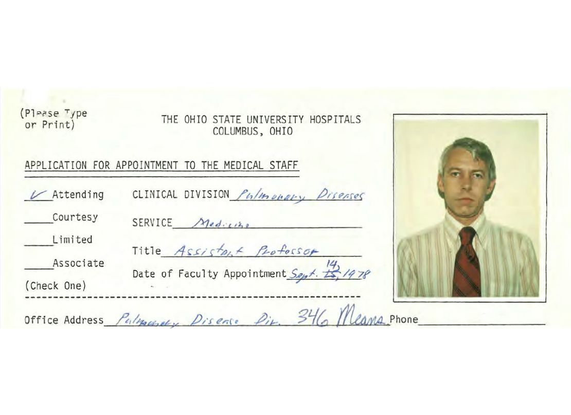 This file photo shows a 1978 employment application for Dr. Richard Strauss, from Ohio State University personnel files.