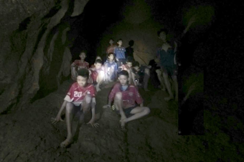 This image, taken from video on July 2, shows the team trapped inside the cave. That was the day divers found them alive.