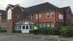 7/4/2018 - A police officer stands outside Amesbury Baptist Church in Amesbury, Wiltshire, where a major incident has been declared after it was suspected that two people might have been exposed to an unknown substance. (Photo by PA Images/Sipa USA) *** US Rights Only ***