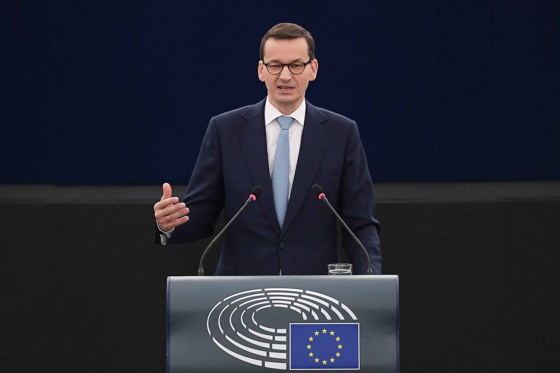 Poland's Prime Minister Mateusz Morawiecki speaks Wednesday at the European Parliament in Strasbourg.