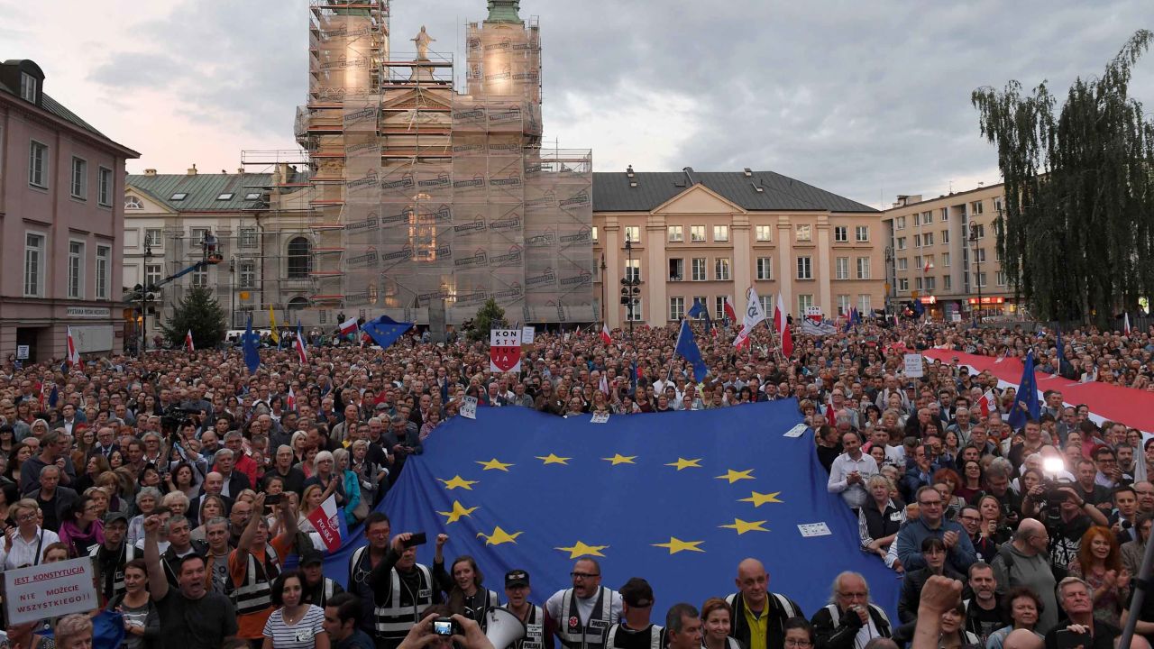A demonstration in support of Poland's Supreme Court judges in front of the Supreme Court building in Warsaw on July 3, 2018.
