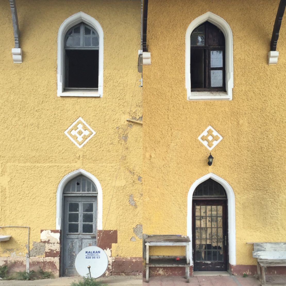 This side-by-side photograph shows the rear facade (non--track side) of Zeytinli (left) and Durak (right), two stations that were built with the same plan yet which feature distinctive ornaments, windows and doors.