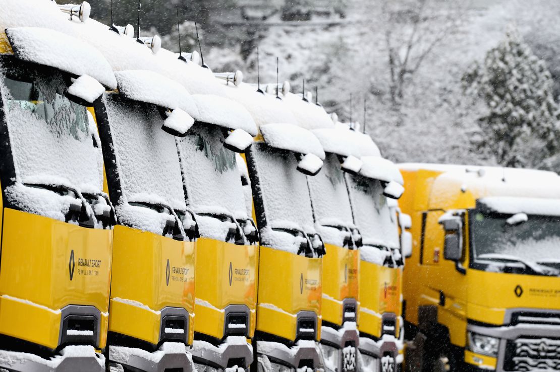 A general view of the Renault Sport F1 trucks covered in snow at Circuit de Catalunya on February 28 this year.