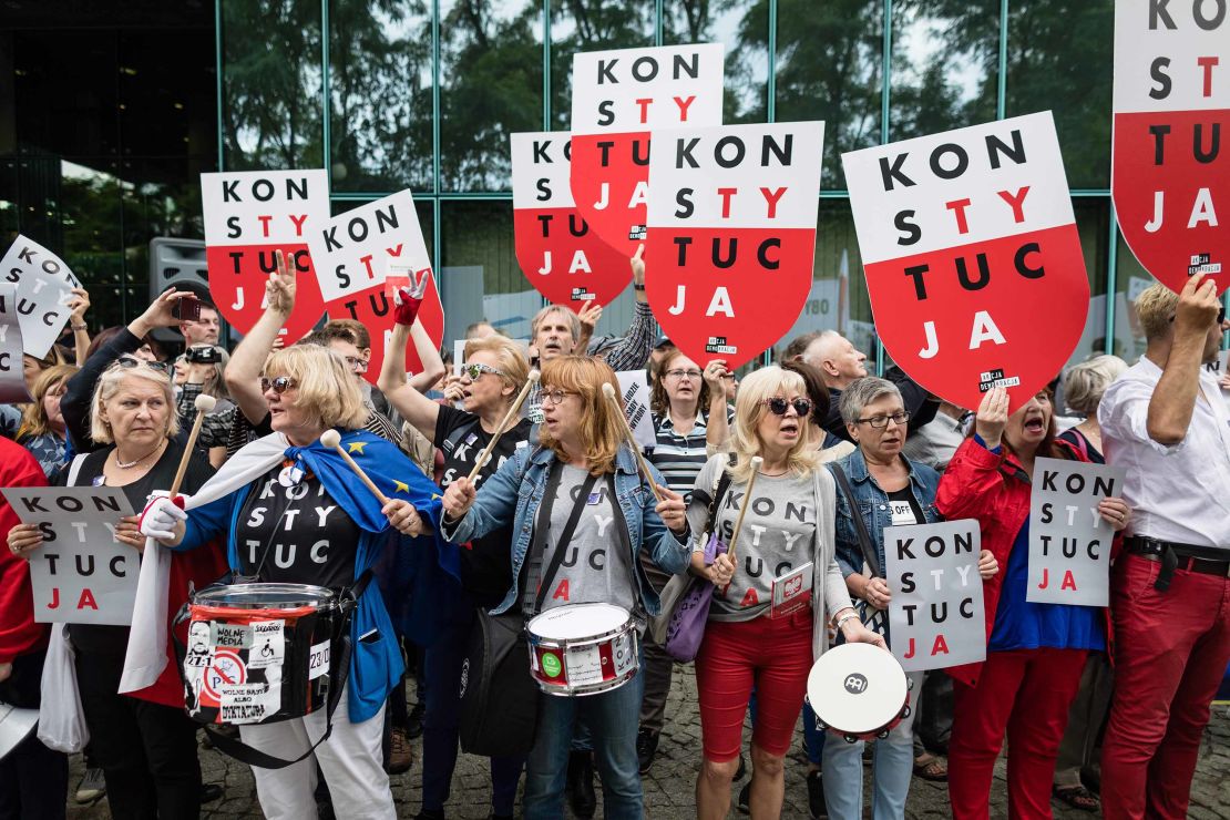 Demonstrators protest against Poland's Law on the Supreme Court in Warsaw in July.