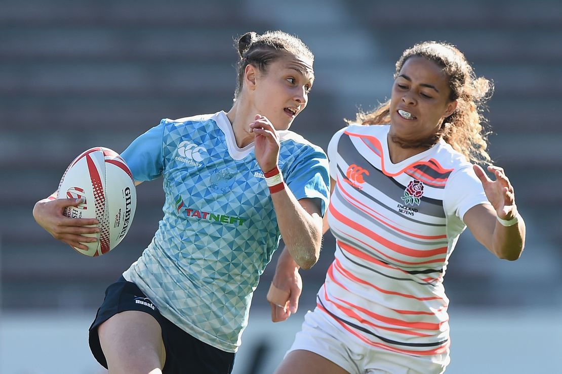 Zdrokova makes a break against England during the World Rugby Sevens Series clash in Kitakyushu, Japan, last year. 