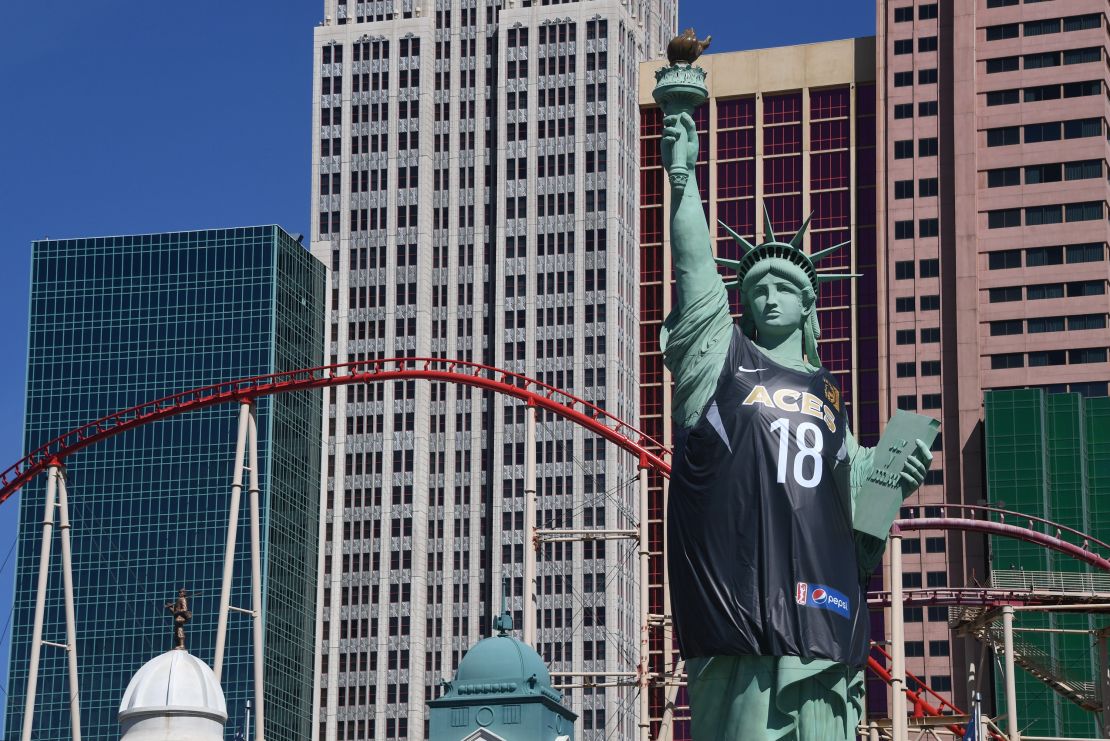 The replica of Lady Liberty wears a Las Vegas Aces jersey to celebrate the WNBA team's inaugural season on June 19, 2018. 