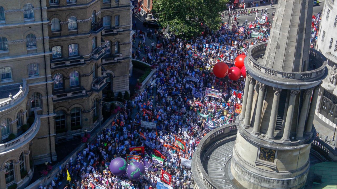 Demonstrators gathered in London Saturday as NHS prepared to mark its 70th anniversary.