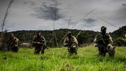 An anti-poaching unit kneels near a rhino in an undated file photo from Sibuya Game Reserve.