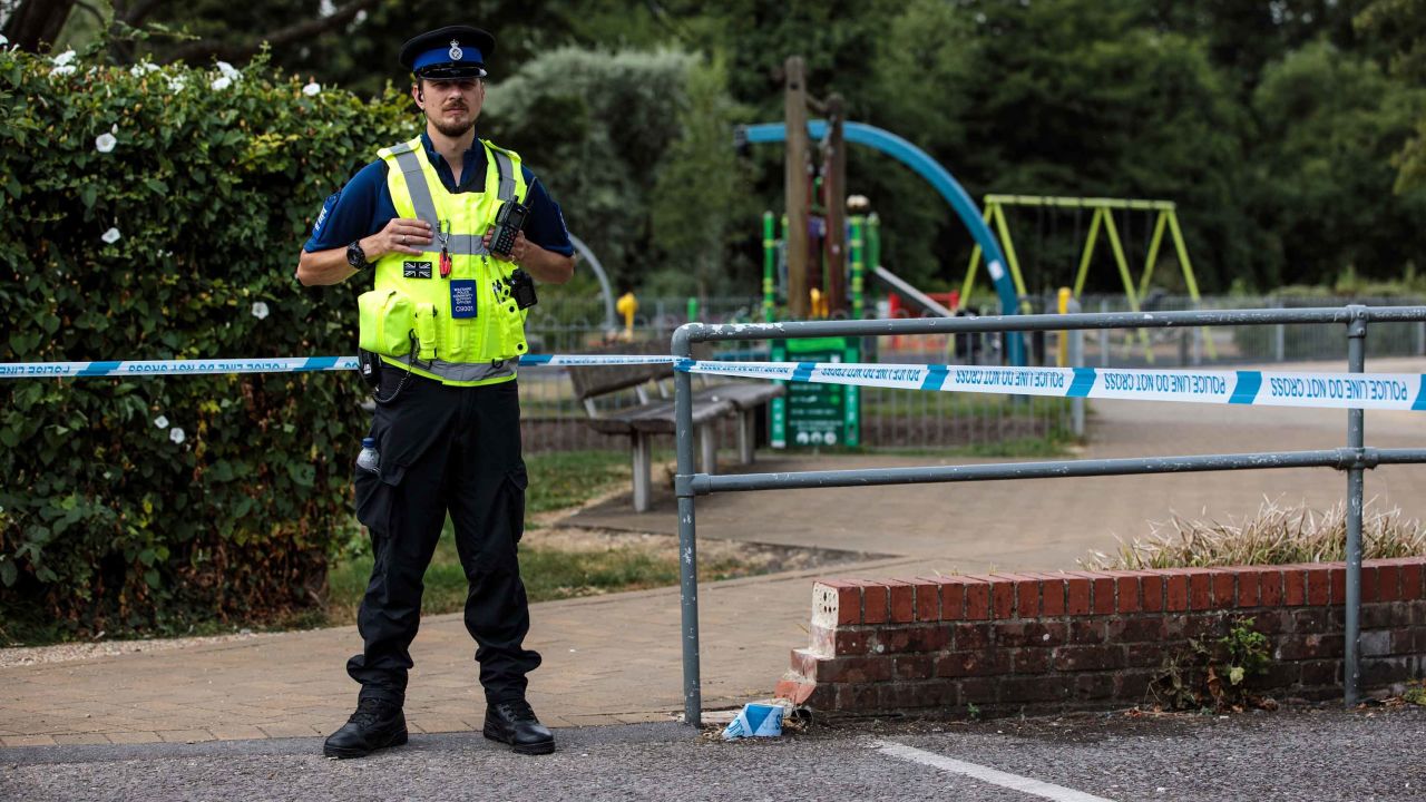 A police officer stands by a cordon at Queen Elizabeth Gardens in Salisbury on Thursday.