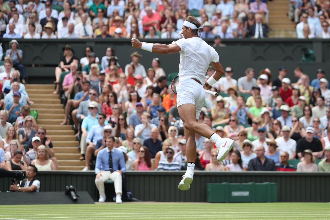 Rafael Nadal jumps in joy during his win over Mikhail Kukushkin. 