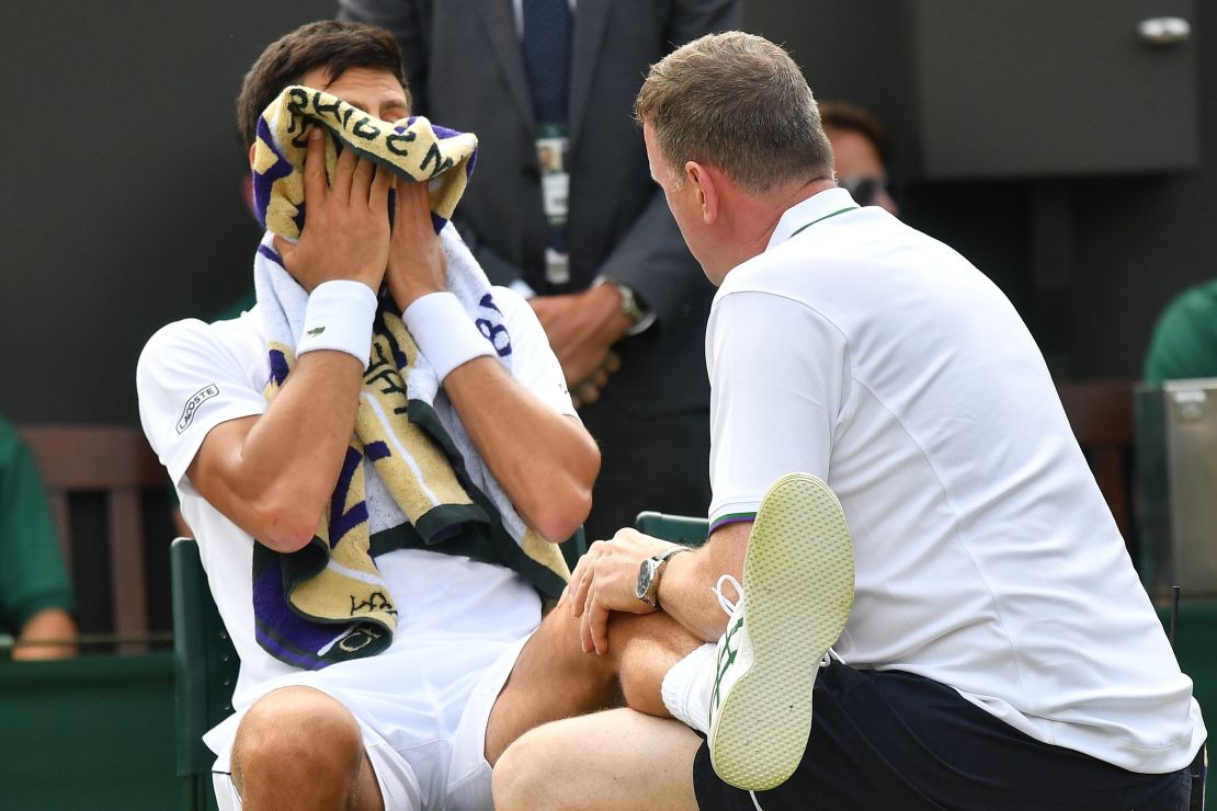 Novak Djokovic was seen by the trainer Thursday at Wimbledon for a knee issue. 