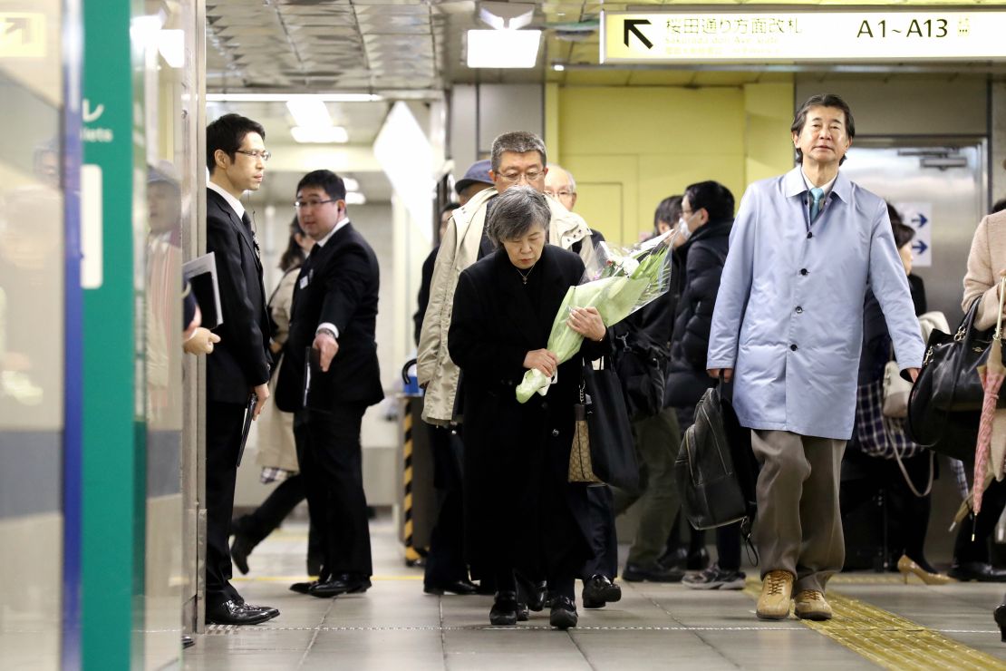 Shizue Takahashi, whose husband was killed by doomsday cult Aum Shinrikyo's sarin nerve gas attack while on duty at Tokyo Metro Kasumigaseki Station, is seen at a memorial to the victims in 2018.