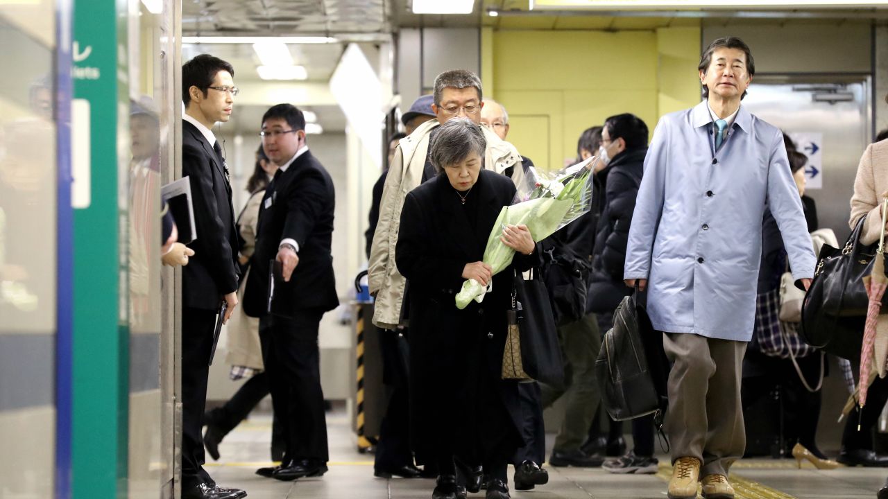 Shizue Takahashi, whose husband was killed by doomsday cult Aum Shinrikyo's sarin nerve gas attack while on duty at Tokyo Metro Kasumigaseki Station, is seen at a memorial to the victims in 2018.
