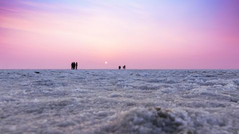 Beautiful multicolored sunset landscape silhouette of the Great Rann of Kutch, Gujarat, India