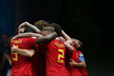 Belgian players celebrate the second goal in their 2-1 win over Brazil on July 6. They advanced to play France in the semifinals.