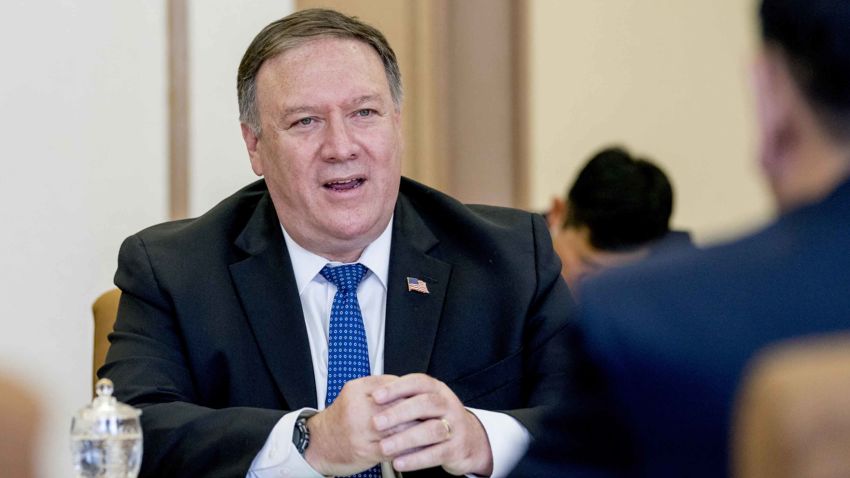 U.S. Secretary of State Mike Pompeo, left, speaks during a meeting with North Korean Director of the United Front Department Kim Yong Chol at the Park Hwa Guest House in Pyongyang, North Korea, Friday, July 6, 2018. Pompeo is on a trip traveling to North Korea, Japan, Vietnam, Abu Dhabi, and Brussels. (AP Photo/Andrew Harnik, Pool)