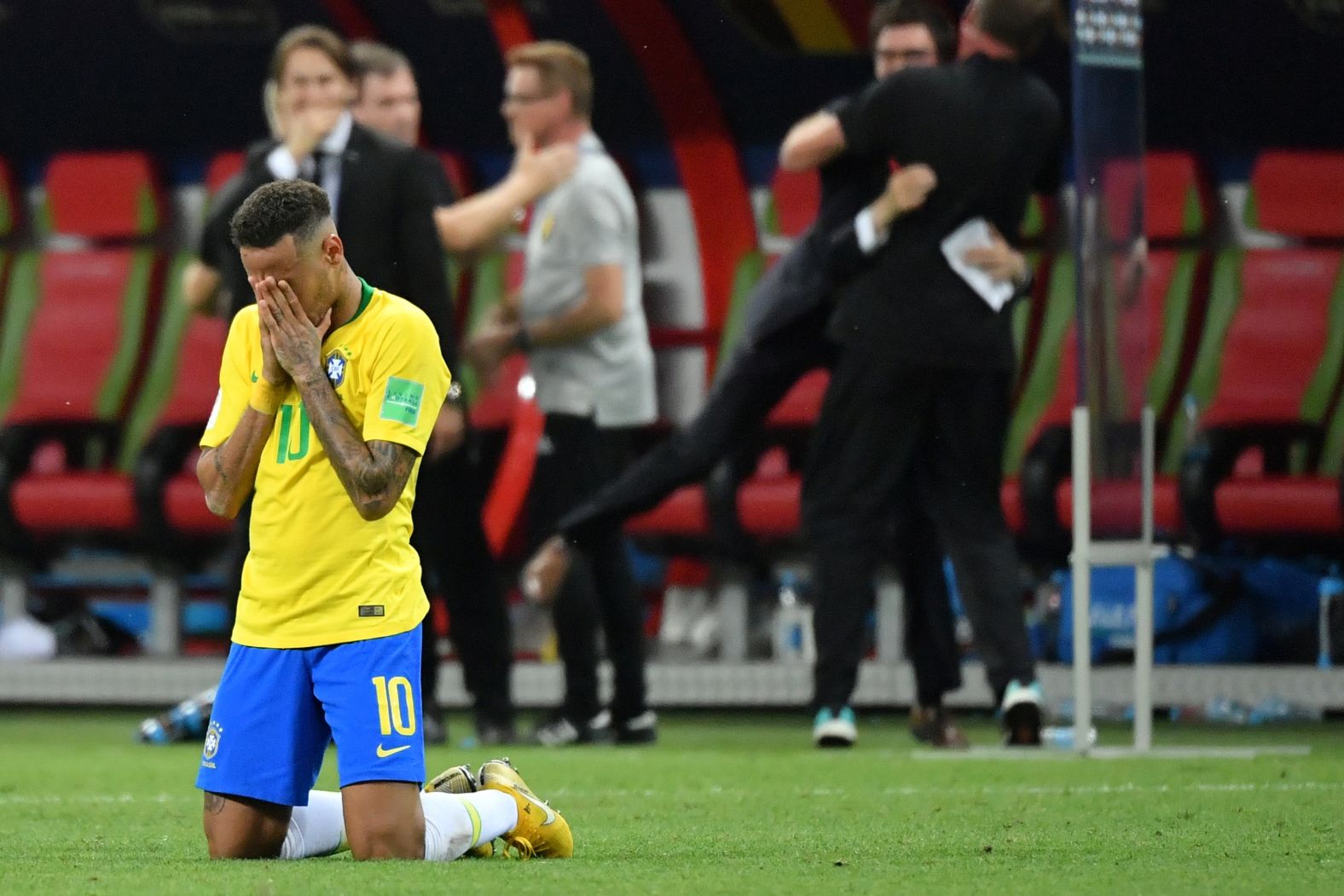 Brazilian star Neymar reacts after the final whistle.