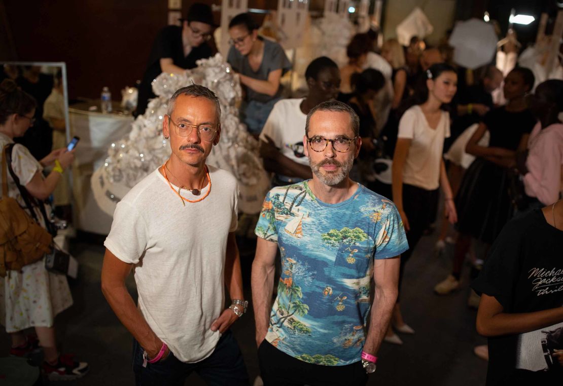 Viktor Horsting, left and Rolf Snoeren backstage at their 25th anniversary show at Le Trianon theater in Paris on July 4, 2018.