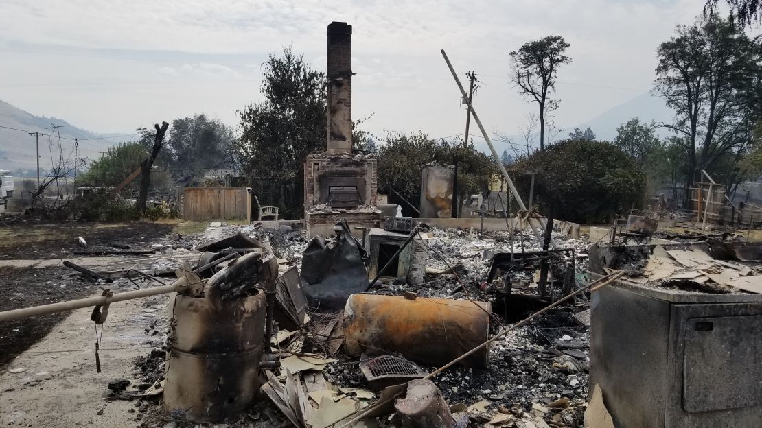 The Klamathon Fire has burned 35,000 acres as of Monday afternoon, according to fire officials. The blaze has destroyed numerous structures, including this home in Hornbrook, California.