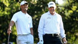 AUGUSTA, GA - APRIL 03:  Tiger Woods and Phil Mickelson of the United States talk on the 11th hole  during a practice round prior to the start of the 2018 Masters Tournament at Augusta National Golf Club on April 3, 2018 in Augusta, Georgia.  (Photo by Andrew Redington/Getty Images)