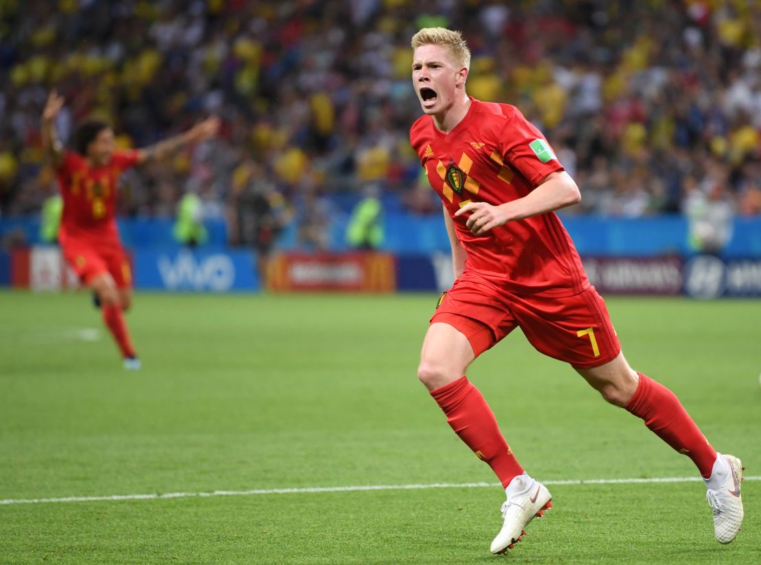 Kevin De Bruyne celebrates scoring Belgium's second goal against Brazil in Kazan.