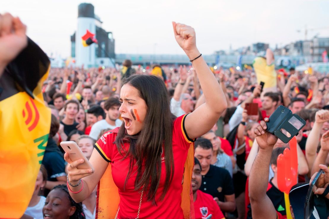 Belgian football fans celebrate their World Cup Quarter Final victory over Brazil in Antwerp, Belgium.