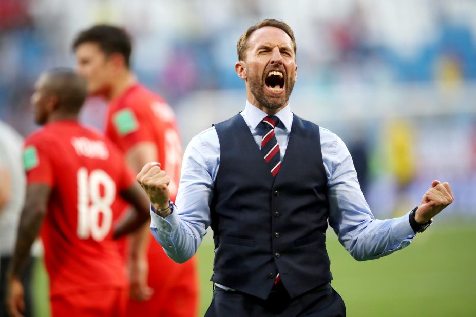 English manager Gareth Southgate celebrates his team's win. 