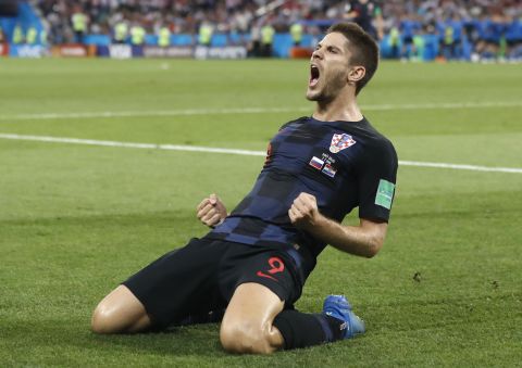 Croatia's Andrej Kramaric celebrates after scoring the opening goal against Russia.