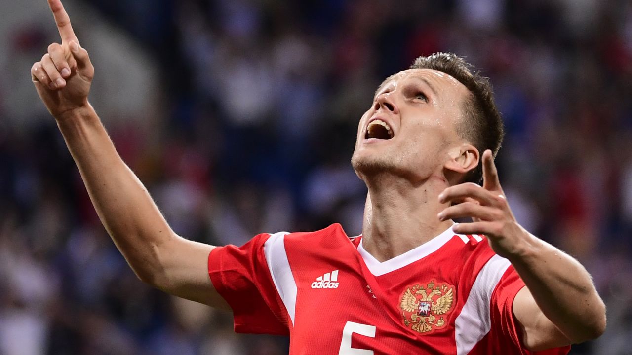 Cheryshev celebrates scoring against Croatia