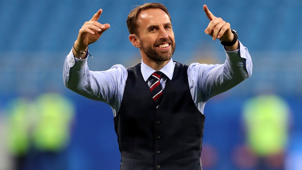 SAMARA, RUSSIA - JULY 07:  Gareth Southgate, Manager of England celebrates at the final whistle following victory during the 2018 FIFA World Cup Russia Quarter Final match between Sweden and England at Samara Arena on July 7, 2018 in Samara, Russia.  (Photo by Alex Morton/Getty Images)
