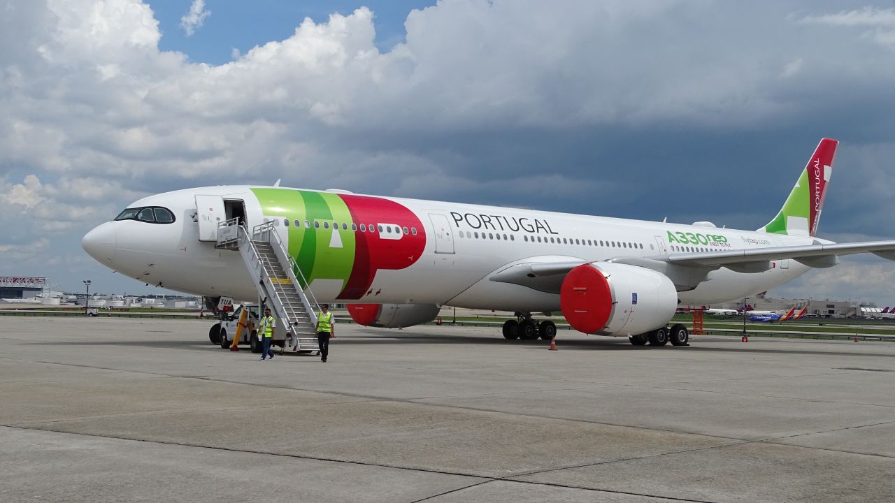 A new Airbus A330-900neo owned by TAP Air Portugal airlines at Atlanta's Hartsfield Jackson International Airport.