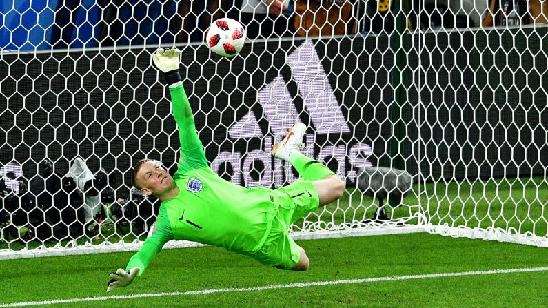 England goalkeeper Jordan Pickford saves a penalty kicked by Colombia forward Carlos Bacca during the penalty shootout in the round of 16 in the World Cup between Colombia and England in Moscow on Tuesday, July 3. This was the first time England has won a penalty shootout in the World Cup. 