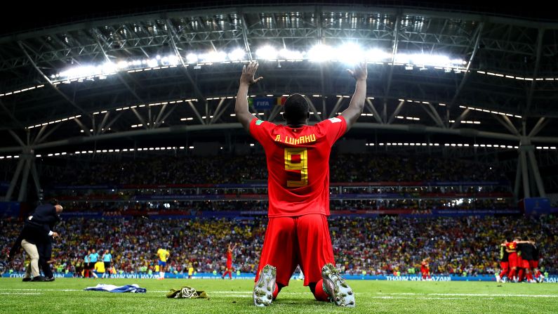 Romelu Lukaku of Belgium celebrates after his team's victory in the World Cup quarter final match between Brazil and Belgium on Friday, July 6. 