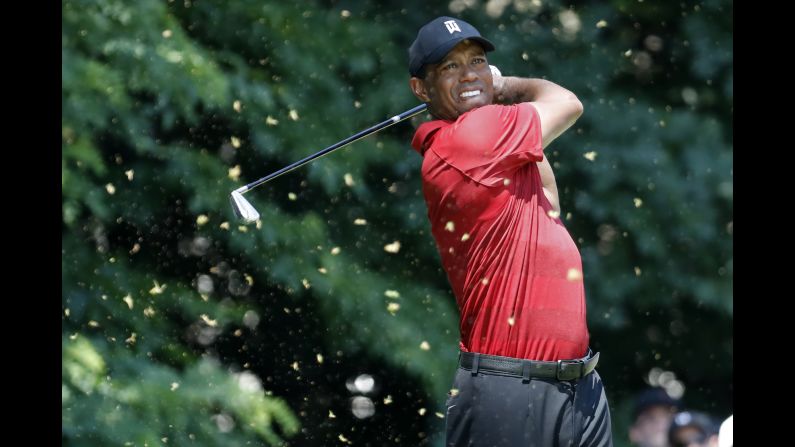 Tiger Woods hits his tee shot on the fifth hole during the final round of The National golf tournament on Sunday, July 1, at TPC Potomac at Avenel Farm in Maryland. 