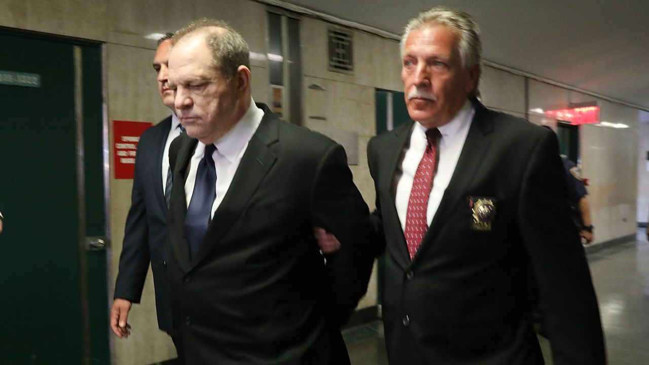 Harvey Weinstein is escorted in handcuffs into court on July 9, 2018 in New York City to be arraigned on charges alleging he committed a sex crime against a third woman.